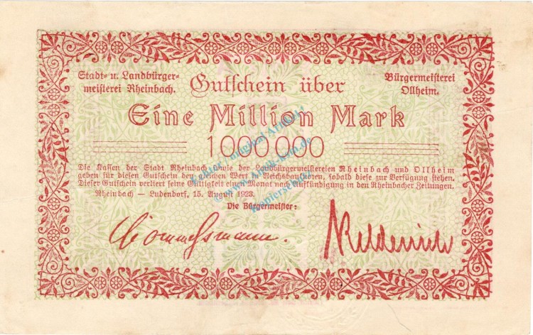 Rheinbach , Banknote 1 Million Mark Schein L-gbr. Keller 4551.a , Rheinland 1923 Inflation