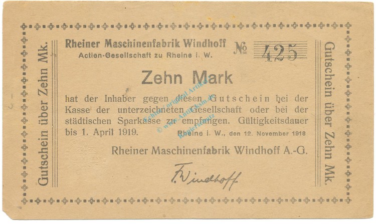 Rheine , Banknote 10 Mark Schein gbr.-Stpl- Geiger 449.03 , NRW 1918 Grossnotgeld
