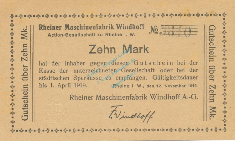 Rheine , Banknote 10 Mark Schein unc-kfr. Geiger 449.03 , NRW 1918 Grossnotgeld