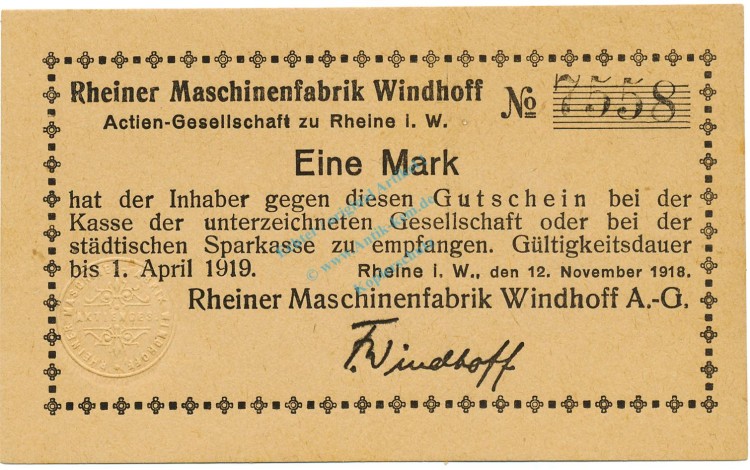 Rheine , Banknote 1 Mark Schein unc-kfr. Geiger 449.01 , NRW 1918 Grossnotgeld