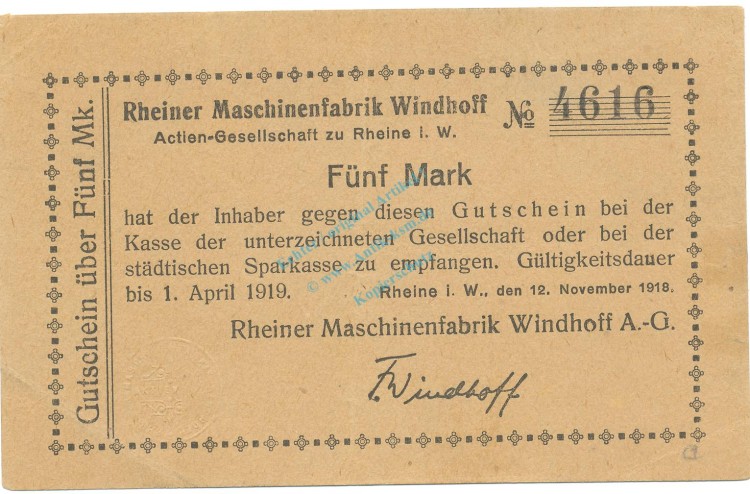 Rheine , Banknote 5 Mark Schein gbr.-Stpl- Geiger 449.02 , NRW 1918 Grossnotgeld