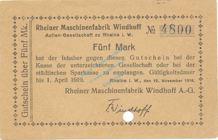 Rheine , Banknote 5 Mark Schein unc-kfr.E Geiger 449.02 , NRW 1918 Grossnotgeld