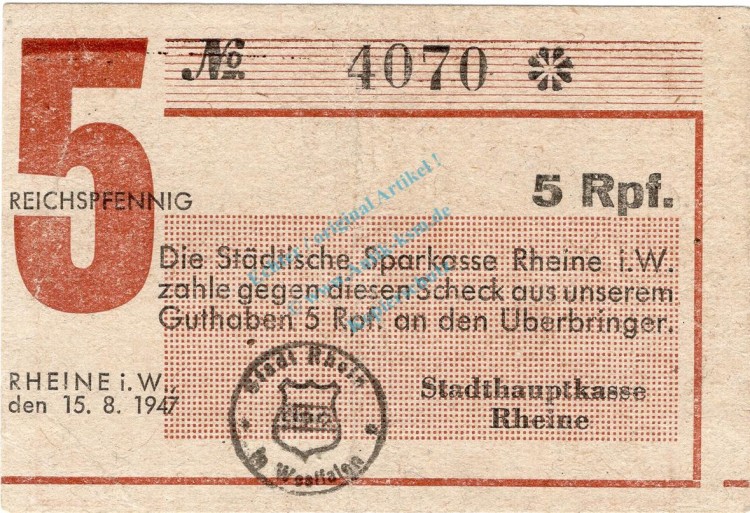 Rheine , Notgeld 5 Pfennig Schein L-gbr. Schöne 0511 , Westfalen 1947 Notgeld 1945-48Rheine , Notgeld 5 Pfennig Schein L-gbr. Schöne 0511 , Westfalen 1947 Notgeld 1945-48