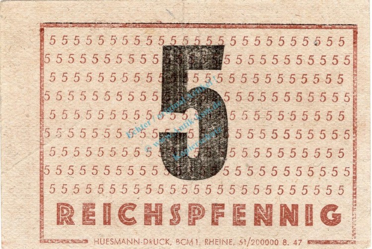 Rheine , Notgeld 5 Pfennig Schein L-gbr. Schöne 0511 , Westfalen 1947 Notgeld 1945-48