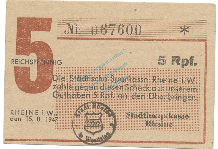 Rheine , Notgeld 5 Pfennig Schein unc-kfr. Schöne 0511 , Westfalen 1947 Notgeld 1945-48