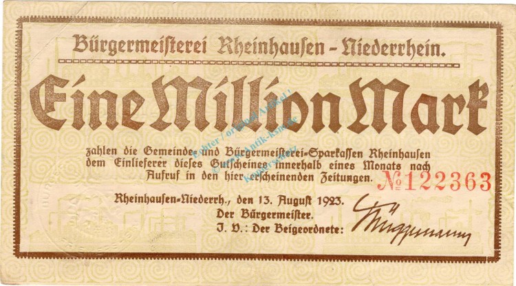 Rheinhausen , Banknote 1 Million Mark Schein gbr. Keller 4557.b , Rheinland 1923 Inflation