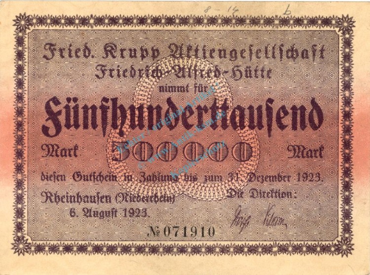 Rheinhausen , Banknote 500.000 Mark L-gbr. Keller 4558.b , Rheinland 1923 Inflation
