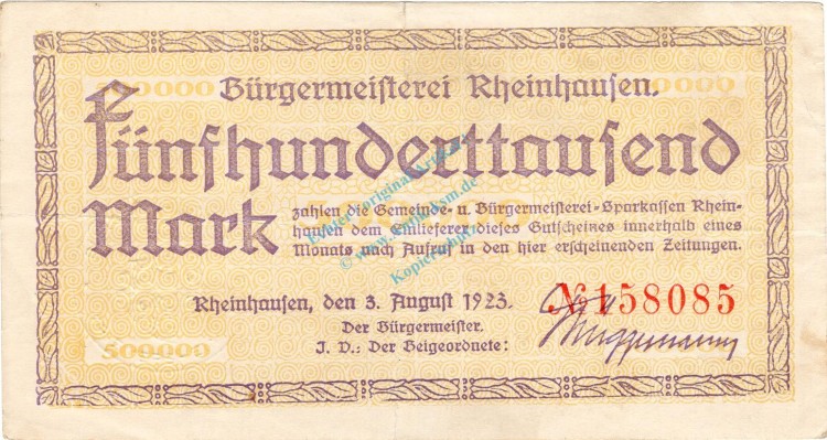 Rheinhausen , Banknote 500.000 Mark Schein gbr. Keller 4557.a , Rheinland 1923 Inflation