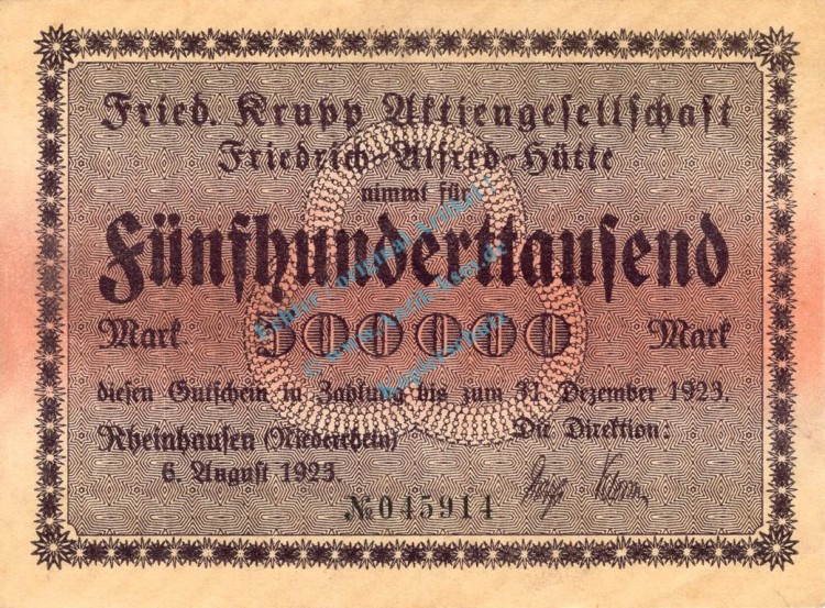 Rheinhausen , Banknote 500.000 Mark unc-kfr. Keller 4558.b , Rheinland 1923 Inflation