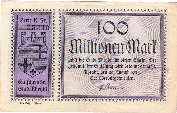 Rheydt , Banknote 100 Millionen Mark Schein gbr. Keller 4561.g, Rheinland 1923 Inflation