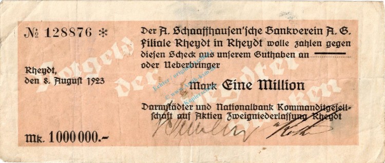 Rheydt , Banknote 1 Million Mark Scheck gbr. Keller 4563.k , Rheinland 1923 Inflation
