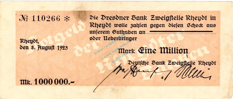 Rheydt , Banknote 1 Million Mark Scheck gbr. Keller 4564.g , Rheinland 1923 Inflation