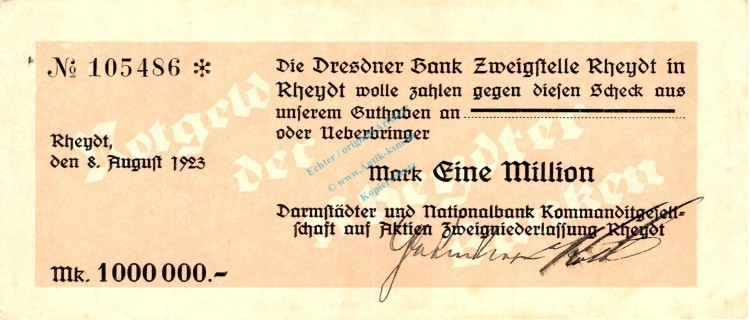 Rheydt , Banknote 1 Million Mark Scheck L-gbr. Keller 4563.g , Rheinland 1923 Inflation