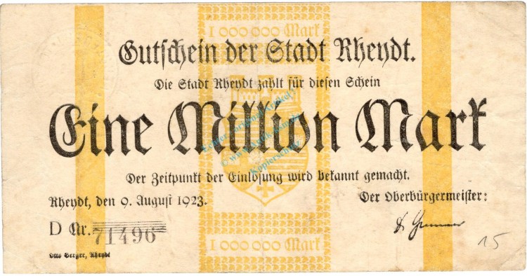 Rheydt , Banknote 1 Million Mark Schein gbr. Keller 4561.c , Rheinland 1923 Inflation
