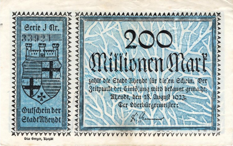 Rheydt , Banknote 200 Millionen Mark Schein gbr. Keller 4561.h-i , Rheinland 1923 Inflation