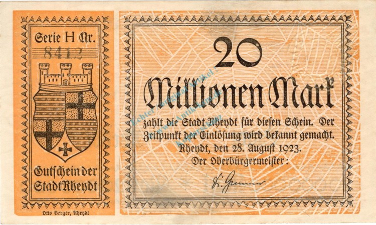 Rheydt , Banknote 20 Millionen Mark Schein gbr. Keller 4561.f , Rheinland 1923 Inflation