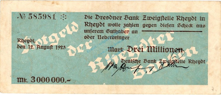 Rheydt , Banknote 3 Millionen Mark Scheck gbr. Keller 4564.e , Rheinland 1923 Inflation