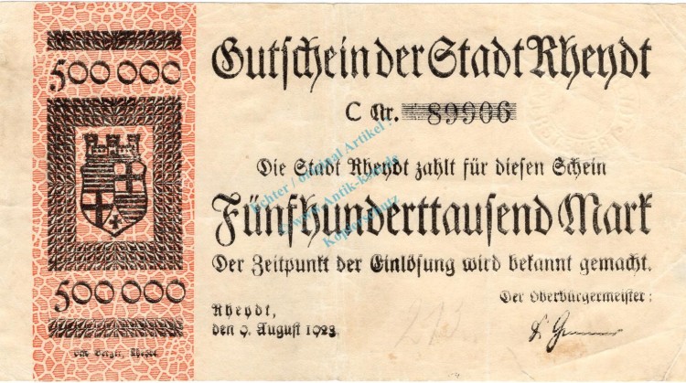 Rheydt , Banknote 500.000 Mark Schein gbr. Keller 4561.b , Rheinland 1923 Inflation