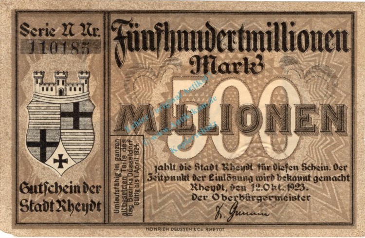 Rheydt , Banknote 500 Millionen Mark Schein F-kfr. Keller 4561.q , Rheinland 1923 Inflation