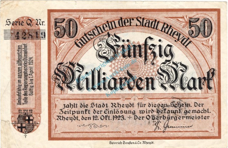 Rheydt , Banknote 50 Milliarden Mark Schein gbr-. Keller 4561.u , Rheinland 1923 Inflation