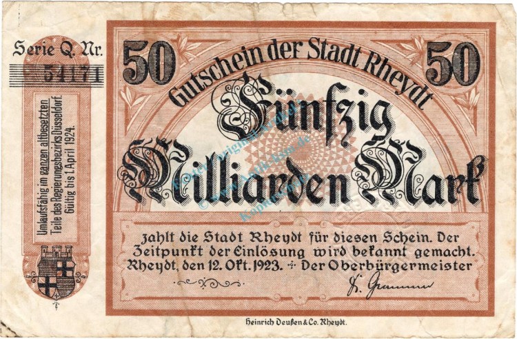 Rheydt , Banknote 50 Milliarden Mark Schein gbr-. Keller 4561.u , Rheinland 1923 Inflation