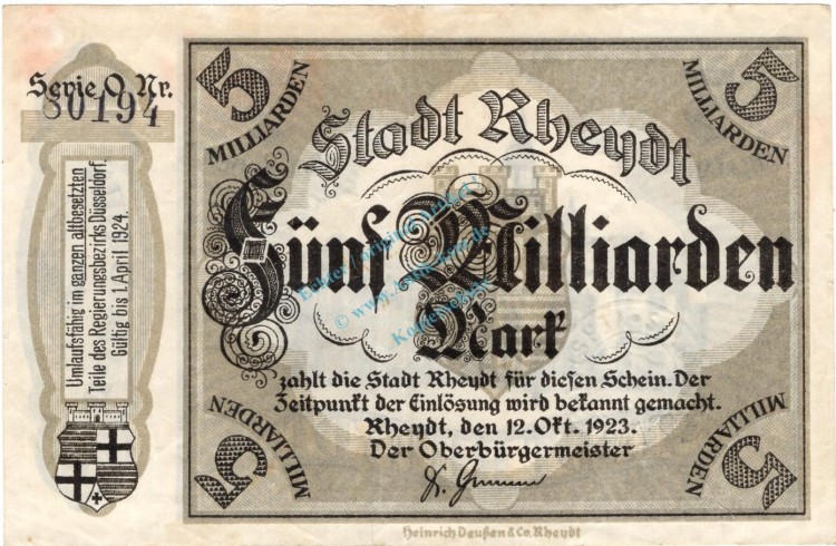 Rheydt , Banknote 5 Milliarden Mark Schein gbr. Keller 4561.u , Rheinland 1923 Inflation
