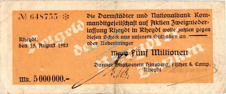 Rheydt , Banknote 5 Millionen Mark Scheck gbr-. Keller 4562.c , Rheinland 1923 Inflation