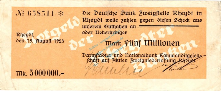 Rheydt , Banknote 5 Millionen Mark Scheck gbr. Keller 4563.f , Rheinland 1923 Inflation