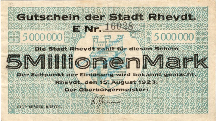 Rheydt , Banknote 5 Millionen Mark Schein gbr. Keller 4561.e , Rheinland 1923 Inflation