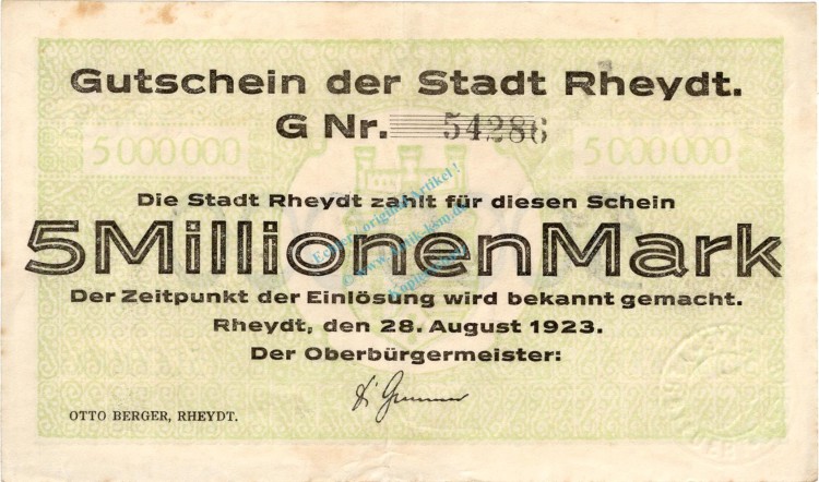 Rheydt , Banknote 5 Millionen Mark Schein gbr. Keller 4561.f , Rheinland 1923 Inflation