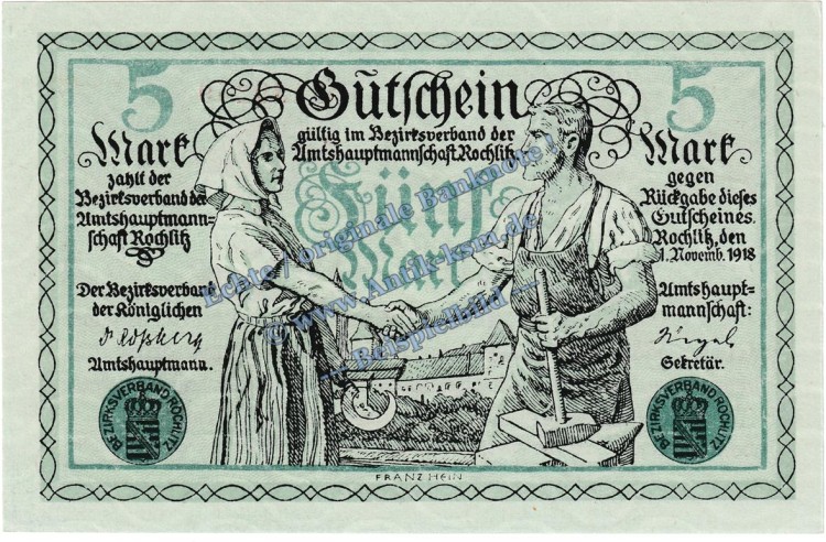 Rochlitz , Banknote 5 Mark Schein in kfr. Geiger 451.01 , Sachsen 1918 Grossnotgeld