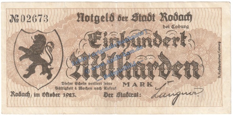 Rodach , Banknote 100 Milliarden Mark Schein in gbr. Keller 4592.e , Bayern 1923 Grossnotgeld - Inflation
