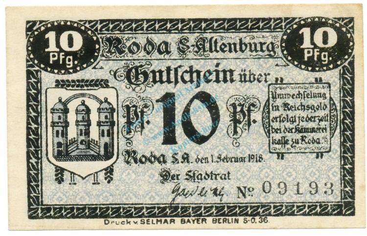 Notgeld Roda , Einzelschein über 10 Pfennig , Tieste 6085.01 , von 1918 , Thüringen kassenfrisch