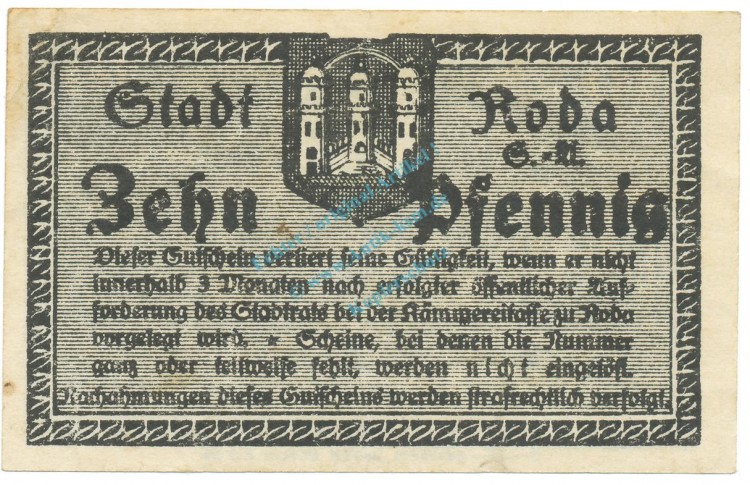 Notgeld Roda , Einzelschein über 10 Pfennig , Tieste 6085.01 , von 1918 , Thüringen kassenfrisch