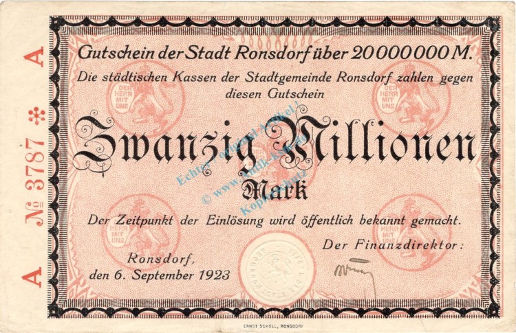 Ronsdorf , Banknote 20 Millionen Mark Scheck L-gbr. Keller 4618.d , Rheinland 1923 Inflation