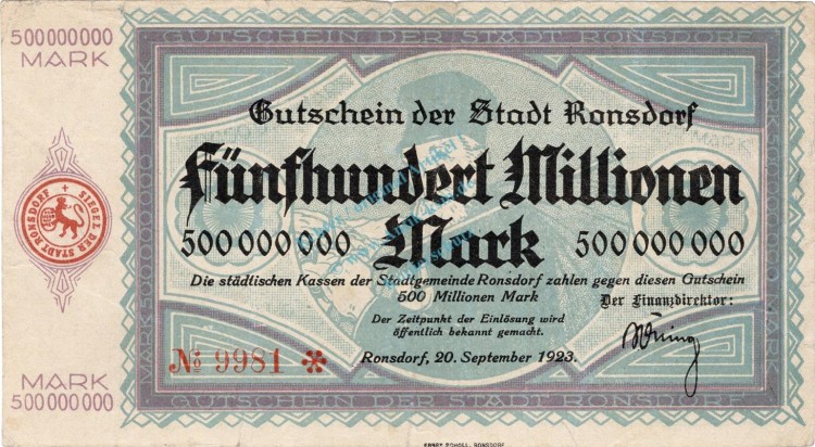 Ronsdorf , Banknote 500 Millionen Mark Schein gbr. Keller 4618.f , Rheinland 1923 Inflation