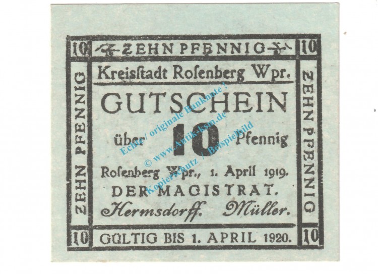 Rosenberg , Notgeld 10 Pfennig Schein in kfr. Tieste 6185.05.10 , Westpreussen 1919 Verkehrsausgabe