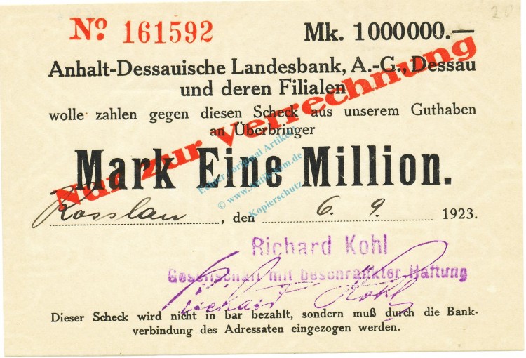 Rosslau , Banknote 1 Million Mark Scheck unc-kfr. Keller 4634.e , Anhalt 1923 Inflation 592