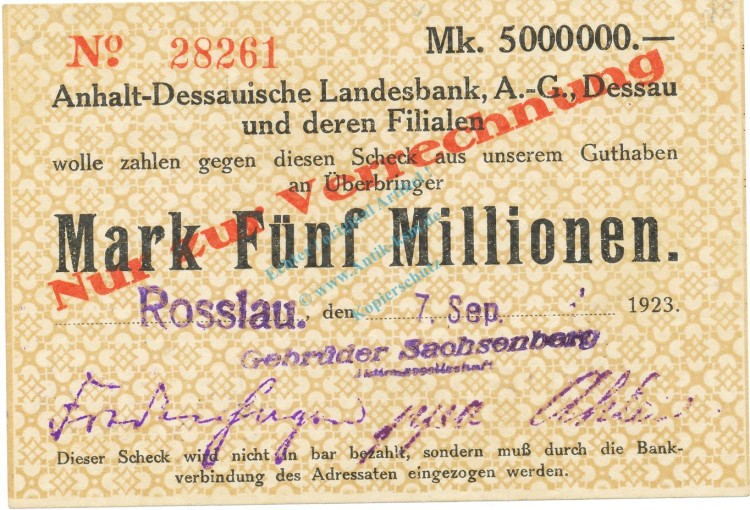 Dessau , Banknote 5 Millionen Mark Scheck unc-kfr. Keller 983.h.14 , Anhalt 1923 Inflation