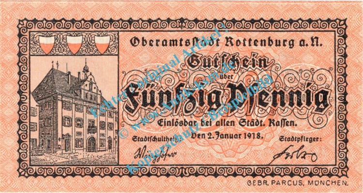 Rottenburg , Notgeld 50 Pfennig Schein in kfr. Tieste 6255.05.15 , Württemberg 1918 Verkehrsausgabe