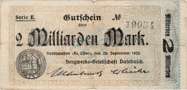 Rotthausen , Banknote 2 Milliarden Mark Schein gbr. Keller 4652.c , Rheinland 1923 Inflation