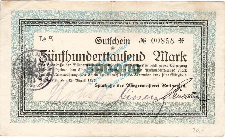 Rotthausen , Banknote 500.000 Mark Schein gbr. Keller 4651.a , Rheinland 1923 Inflation