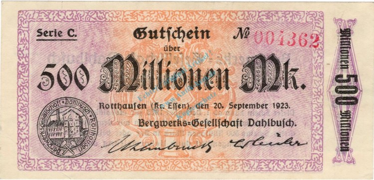 Rotthausen , Banknote 500 Millionen Mark Schein unc-kfr. Keller 4652.c , Rheinland 1923 Inflation