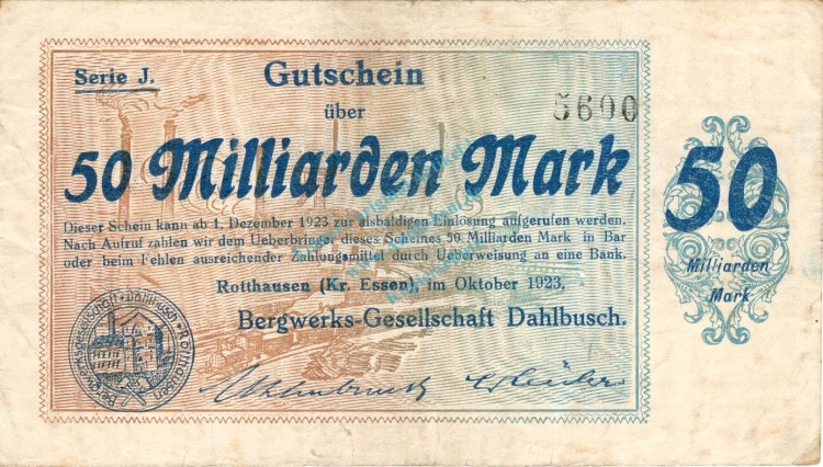 Rotthausen , Banknote 50 Milliarden Mark Schein gbr. Keller 4652.d , Rheinland 1923 Inflation