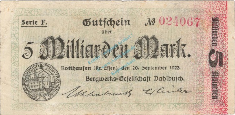 Rotthausen , Banknote 5 Milliarden Mark Schein gbr. Keller 4652.c , Rheinland 1923 Inflation