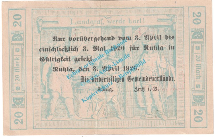 Ruhla , 20 Mark Notgeld Schein in f-kfr. Geiger 458.02 , Thüringen 1918 Grossnotgeld
