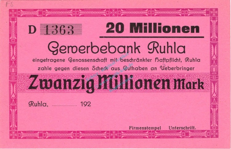 Ruhla , Banknote 20 Millionen Mark -Blanko- unc-kfr. Keller 4671... Thüringen 1923 Inflation