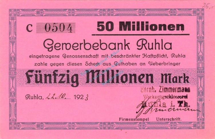 Ruhla , Banknote 50 Millionen Mark -B.Zimmermann- unc-kfr. Keller 4671.EE , Thüringen 1923 Inflation