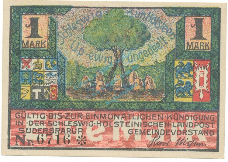 Süderbrarup , Notgeld 1 Mark Schein unc-kfr. M-G 1294.3 , SH o.D. Seriennotgeld -5819-