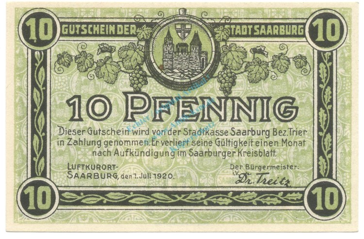 Saarburg , Notgeld 10 Pfennig Schein unc-kfr. Ti.6340.10.01 RHL 1920 Verkehrsausgabe -4311-